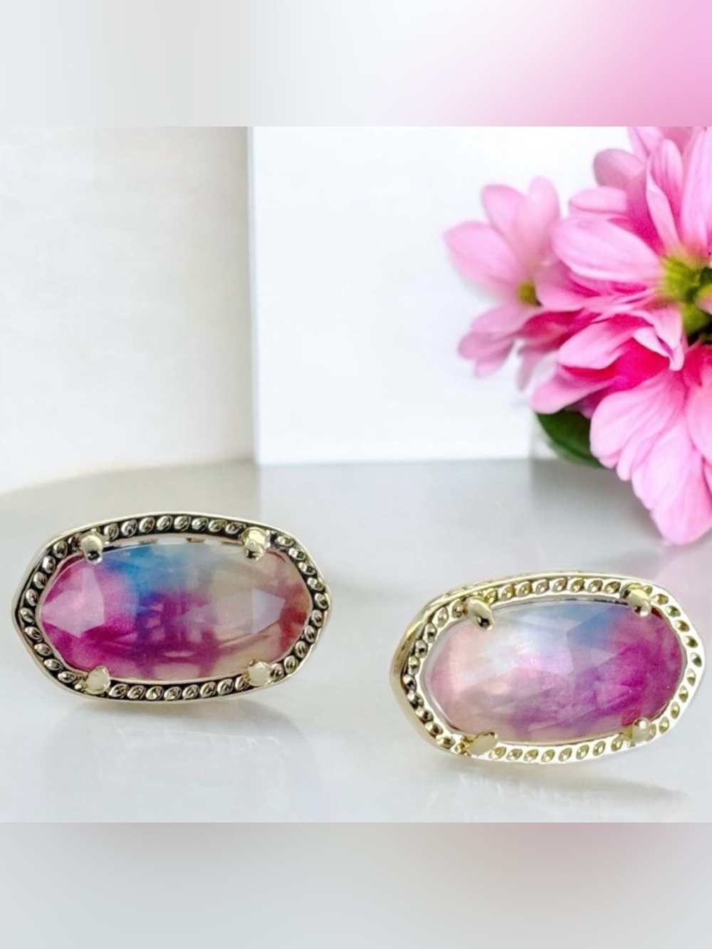 Kendra Scott Earrings — Gold Iridescent Pink Blue Watercolor Oval Studs